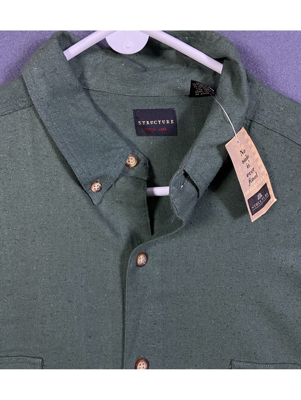 Vintage Deadstock Structure Green 100% Silk Button Up Down Shirt XLARGE Preppy